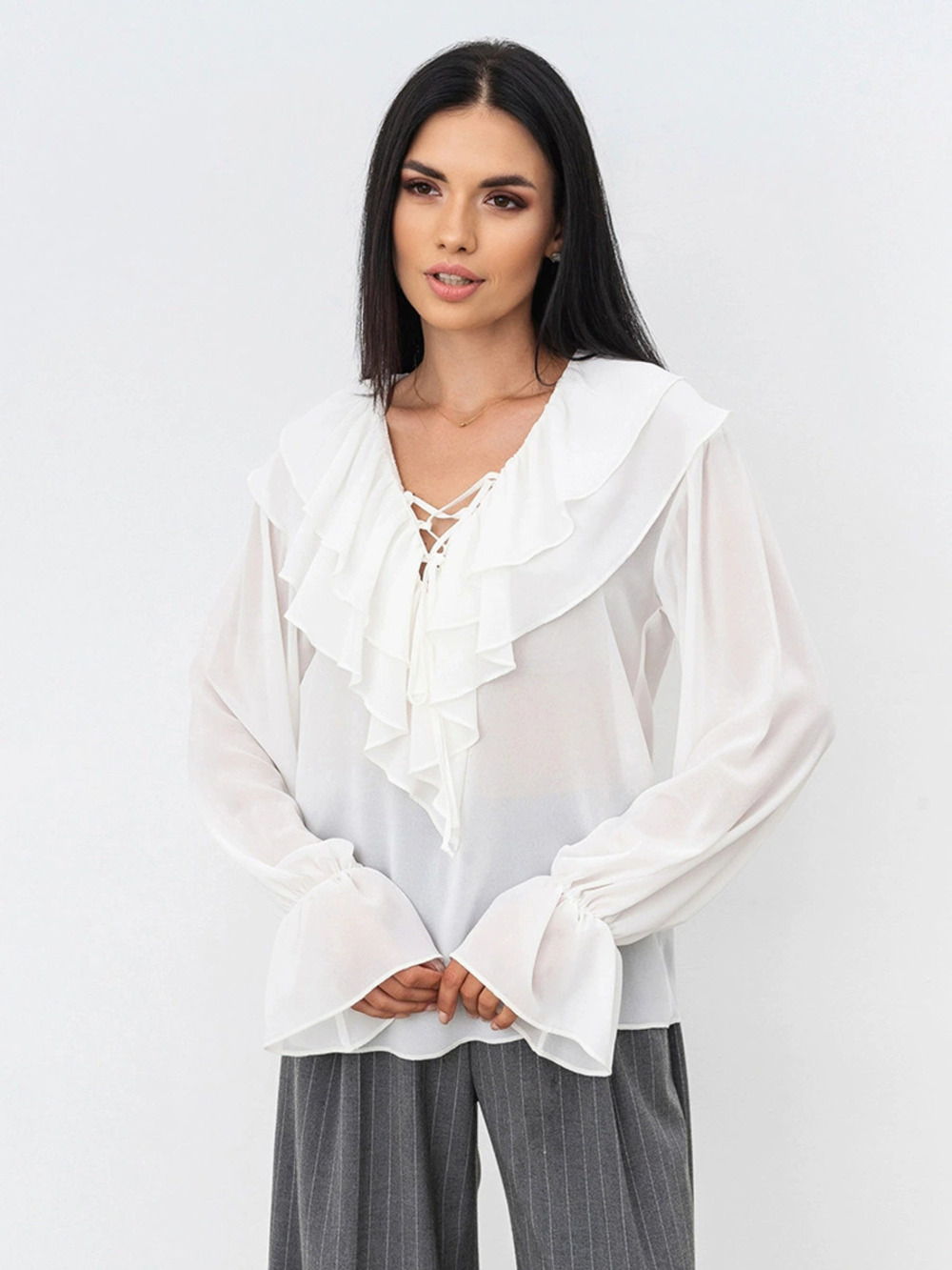 Forever 21 White Chiffon Spring Loose Pullover Ruffle Collar Blouse